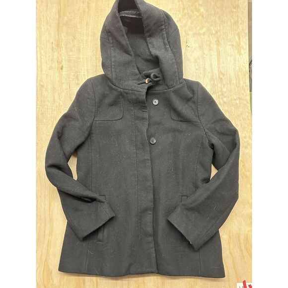 Babaton Coat Wool Cashmere Sz Large Hood Black Soft Button Up Trench - Picture 1 of 6